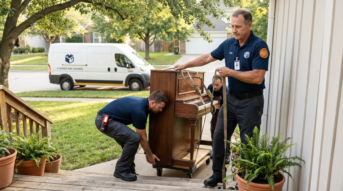 Licensed piano movers securing grand piano in Butte, NE