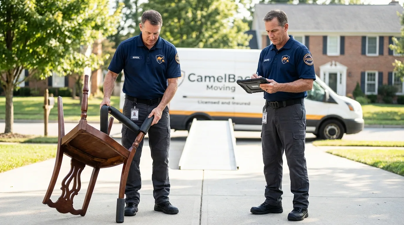 Movers inspecting furniture for damage prevention before loading in Butte, NE