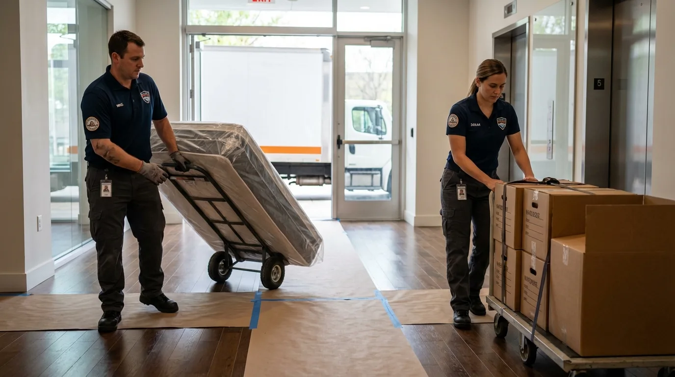 Professional apartment movers loading elevator in Butte, NE